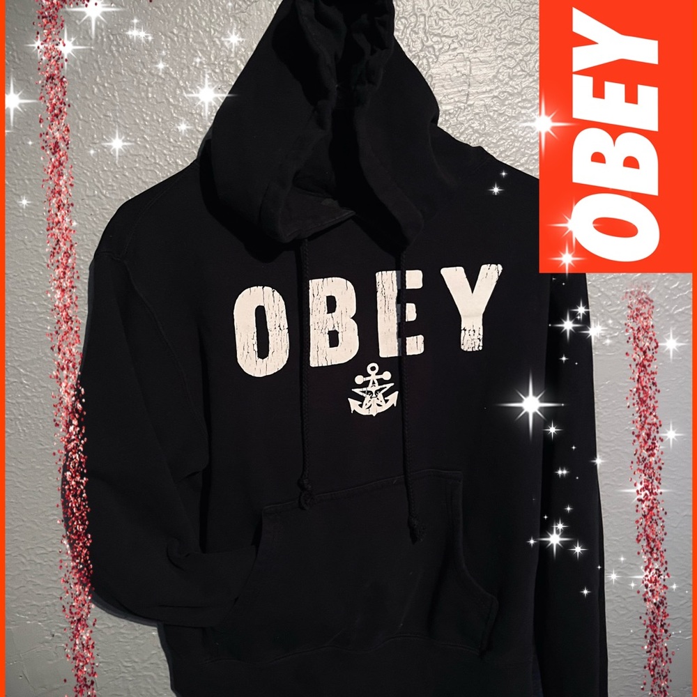 Black drawstring pullover hoodie by Obey